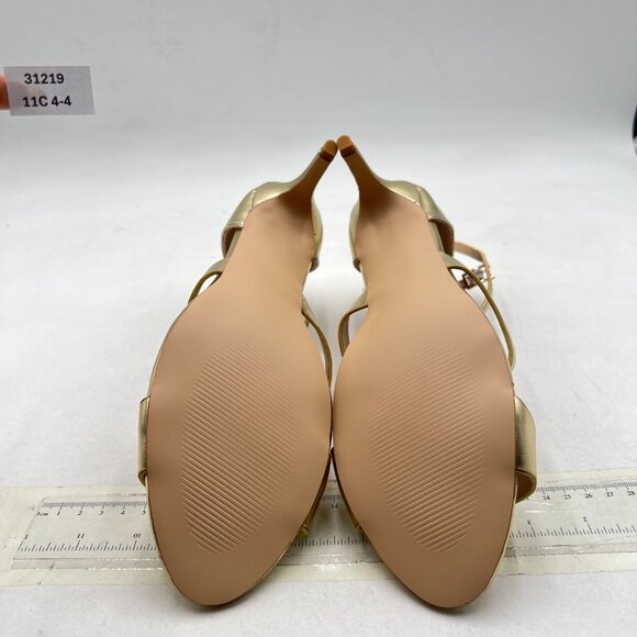 FSJ Gold Strappy Ankle Strap Sandals Open Toe Mid Heel Caged Cutout T-Strap Shoe - Picture 7 of 8